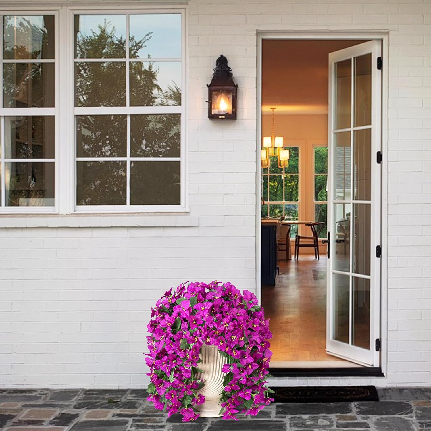 2 pcs Artificial Faux Bougainvillea Flowers Plants for Outdoor Outside Summer Decoration, Fake Silk UV Resistant Long Trailing Vines for Front Door Porch Planter Balcony (Purple Deep Lotus) - Image 6