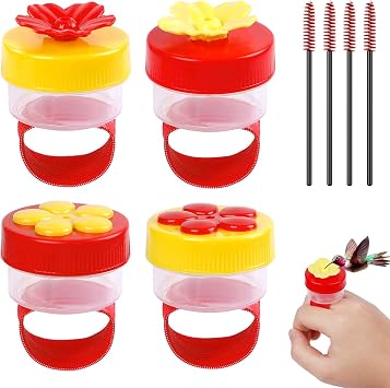 Pawfly 4 Pcs Hand Held Hummingbird Feeders with Cleaning Brushes, Mini Flower Handheld Hummingbird Feeders for Outdoors, Plastic Hummingbird Ring Feeders, Hummingbird Hand Feeders, Wild Bird Feeders