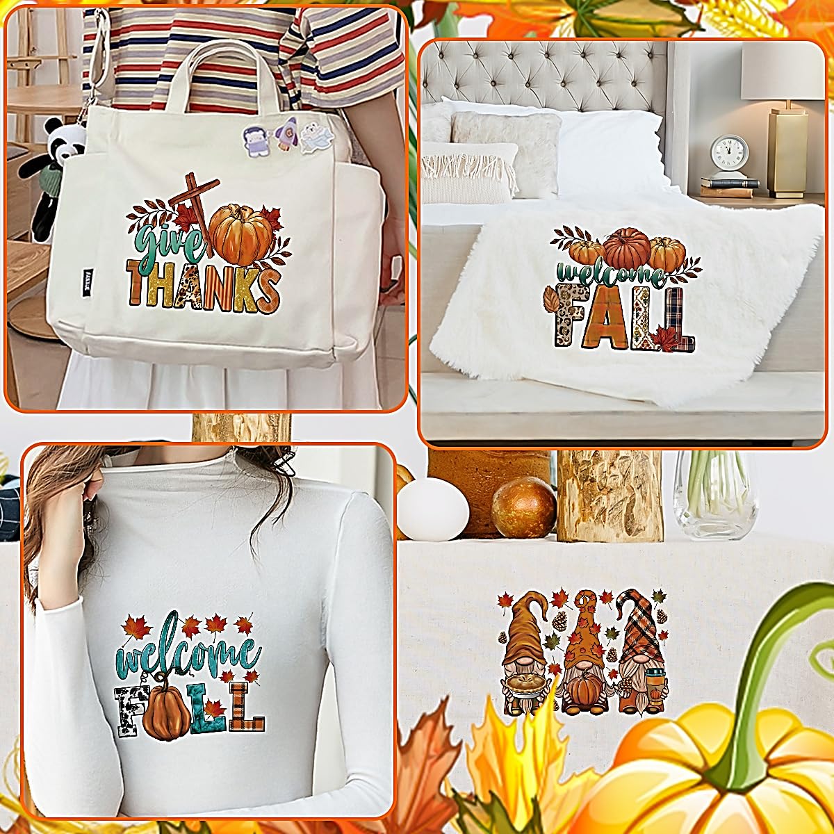 Parches termoadhesivos para ropa de Acción de Gracias de otoño, transferencias de plancha de calabaza, hoja de arce, gnomo, HTV, calcomanías de transferencia de calor para camisetas, ropa, decoración