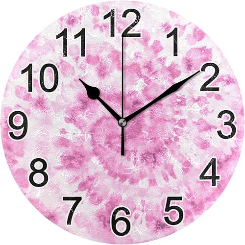 BOENLE Reloj de pared con estampado de teñido anudado rosa, reloj de cocina silencioso sin tictac, grande, decorativo, funciona con pilas, 10