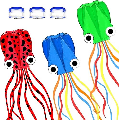 Mint's Colorful Life 3 Pack Octopus Kite, Large 3D Software Kites for Kids and Adults with Long Tail, Huge Easy Flyer Kites for Beach Trip Family