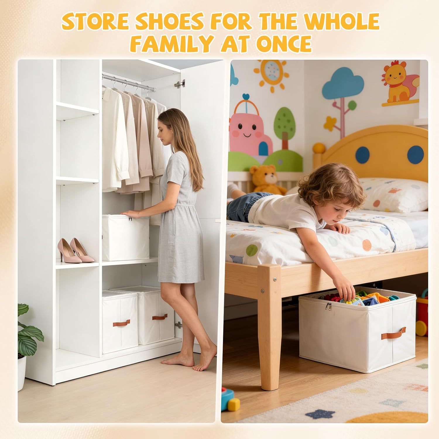 4 Pack Shoe Organizer for Closet - with Transparent Cover and Sturdy Handles shoe storage - Foldable Shoe Storage Containers Fits to 36-48 Pairs 4 Pack (Beige)