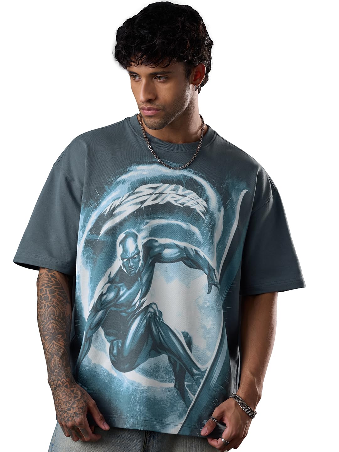 The Souled Store Fantastic Four: Silver Surfer Herren und Jungen Kurzarm Rundhals Grafik Gedruckt Baumwolle Premium Stoff Streetwear Oversized T-Shirt