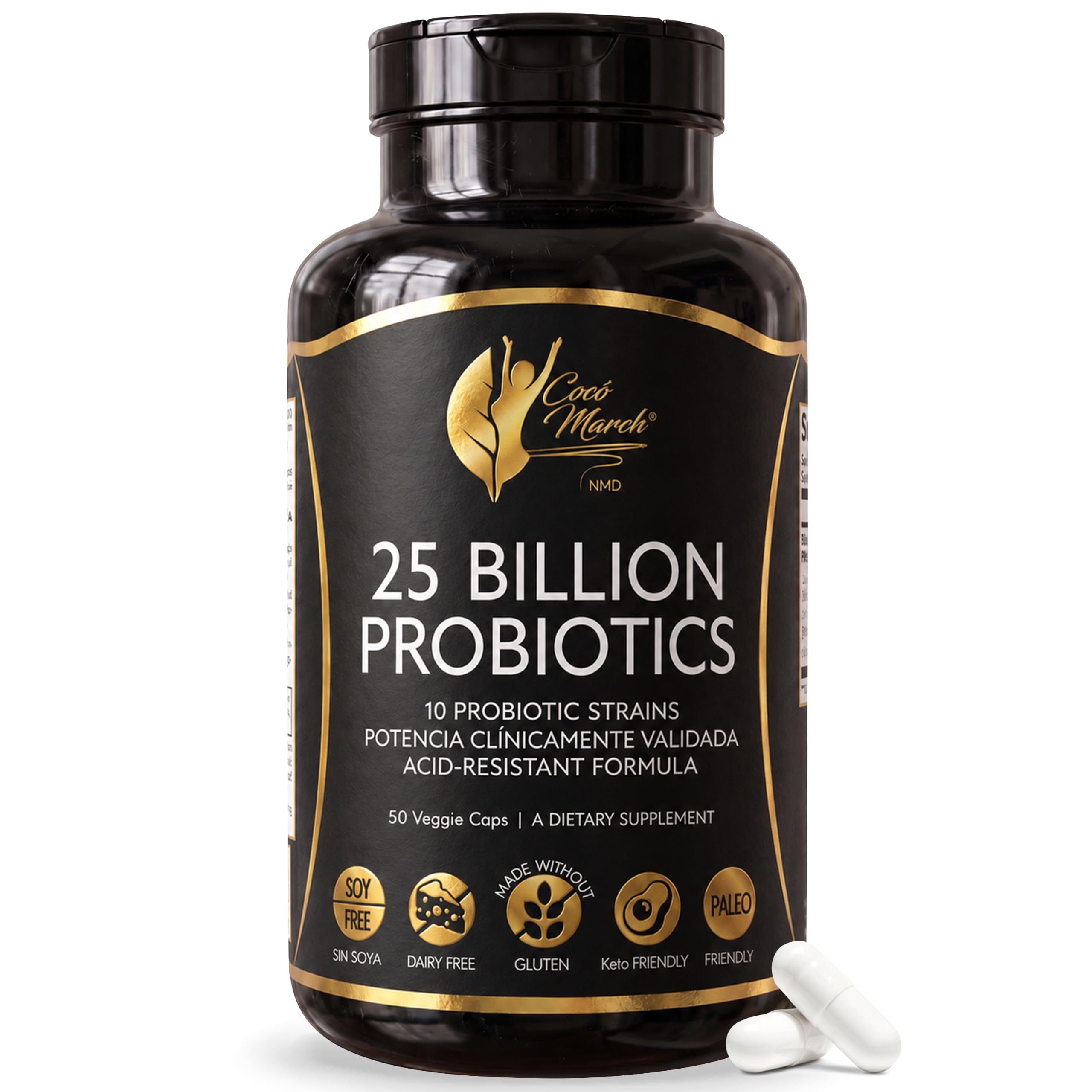 Coco March Probiotic 25 Billion - 10 Probiotic Strains, Acid-Resistant Formula High Potency for Adults & Children - Gluten Free, Dairy Free, Soy Free, Keto Friendly, Paleo Friendly, 30 Capsules
