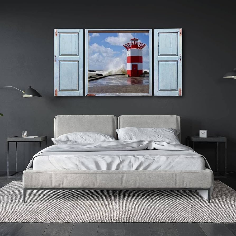 Old Window Frame Style Wall Art 3D Stormy weather with lighthouse Canvas Printed Window Frame Wall Art for Office, Living Room, Bedroom Home Decor