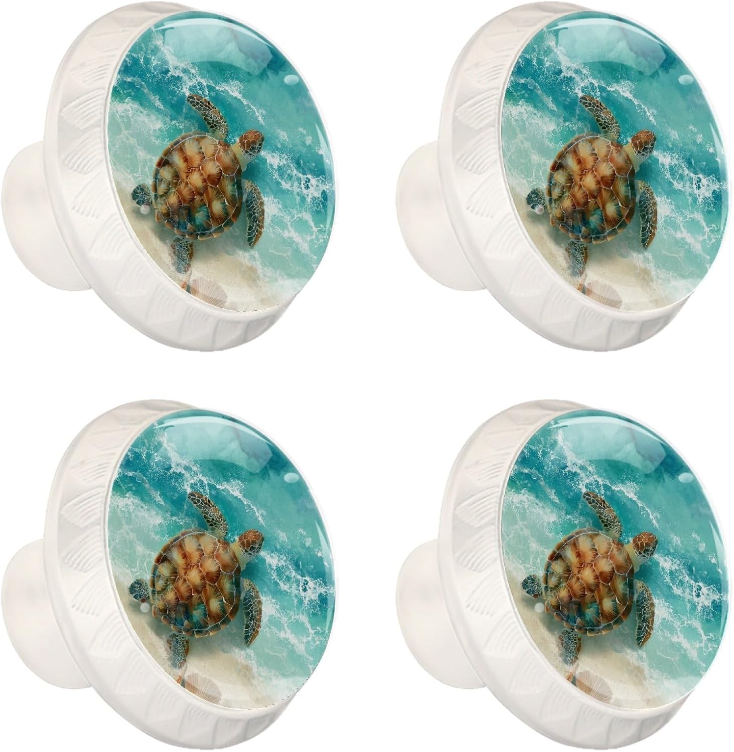 NEWzone 4 Pack Beach Turtle Starfish Cabinet Knobs Round Drawer Pulls White Dresser Knob Cupboard Door Handles Hardware for Kitchen Bathroom