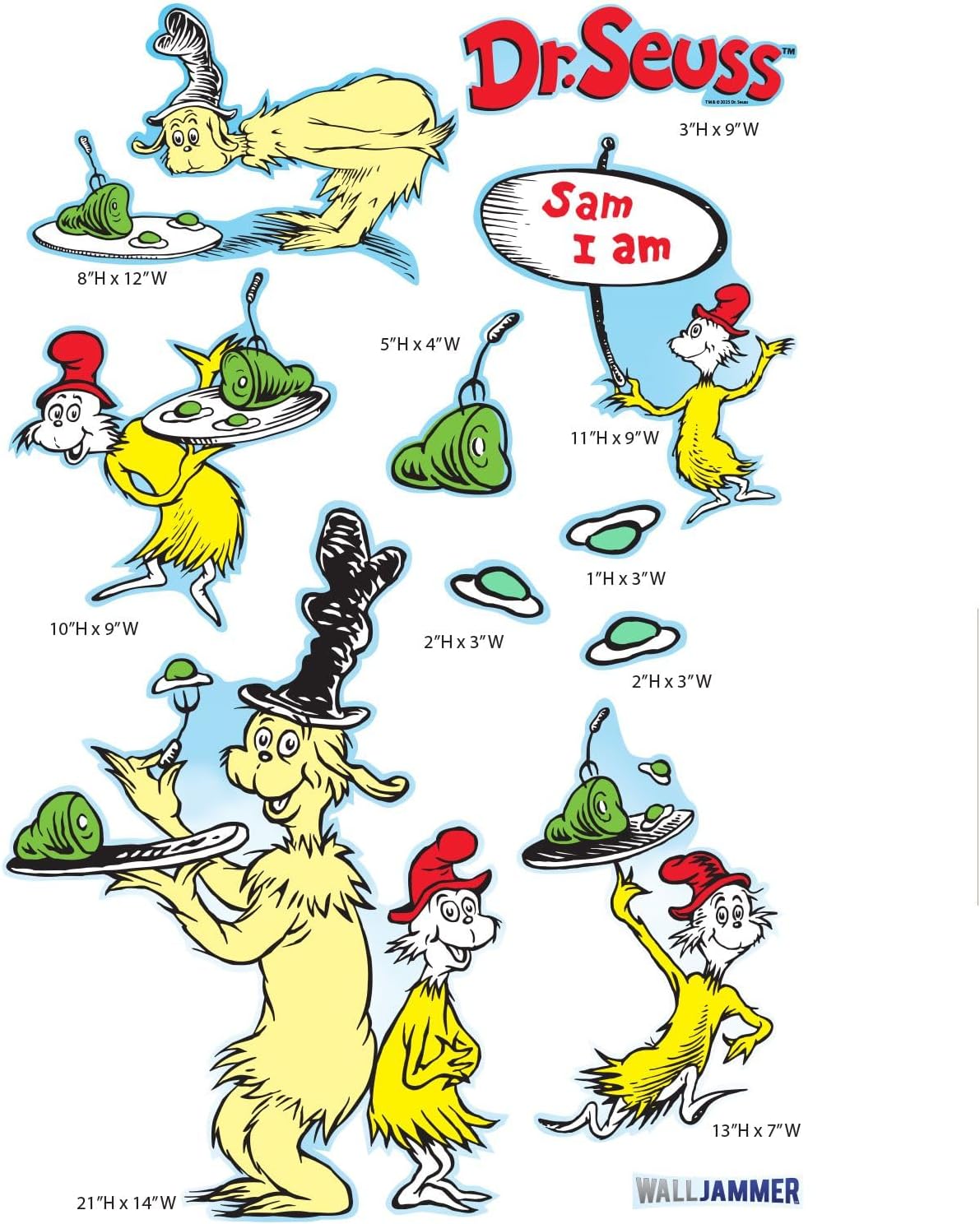 Dr. Seuss Green Eggs and Ham Wall Sticker Decals, Removable Vinyl Stickers for Kids Bedroom, Nursery, Playroom, Classrooms - Officially Licensed
