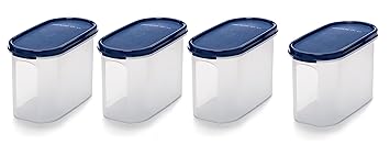 Signoraware 1.1 Litres Oval Modular Multi-Purpose Plastic Containers Set of 4 with Lid for Kitchen Storage | Food Grade BPA Free Leak Proof | Spices Atta Grains Organizers (1100mlxSet 4, Blue)