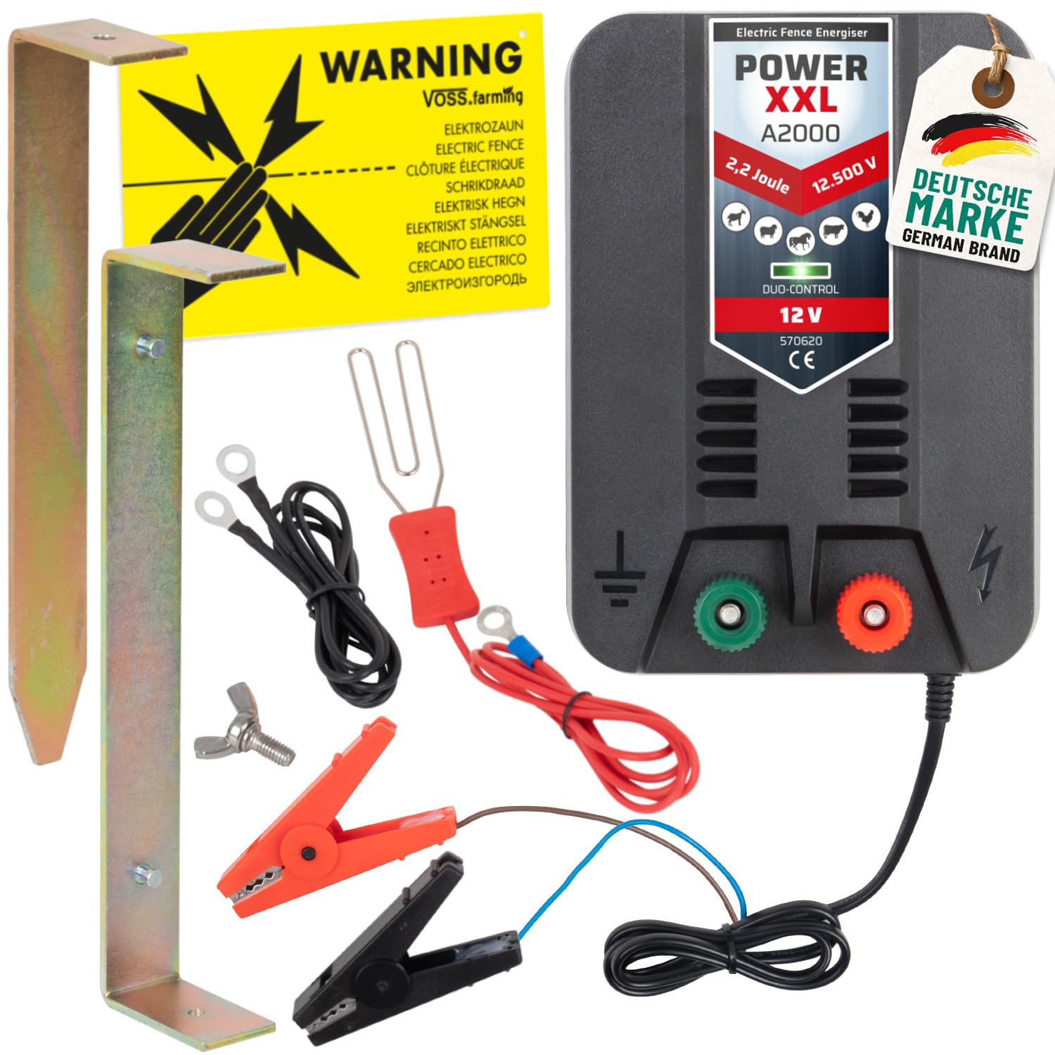 A2000 12V Set Elektrozaungerät inklusive Zubehör Weidezaungerät für Lange Einzäunungen, Weidezaun Paddock Gehege 12.500 Volt 2,2 Joule