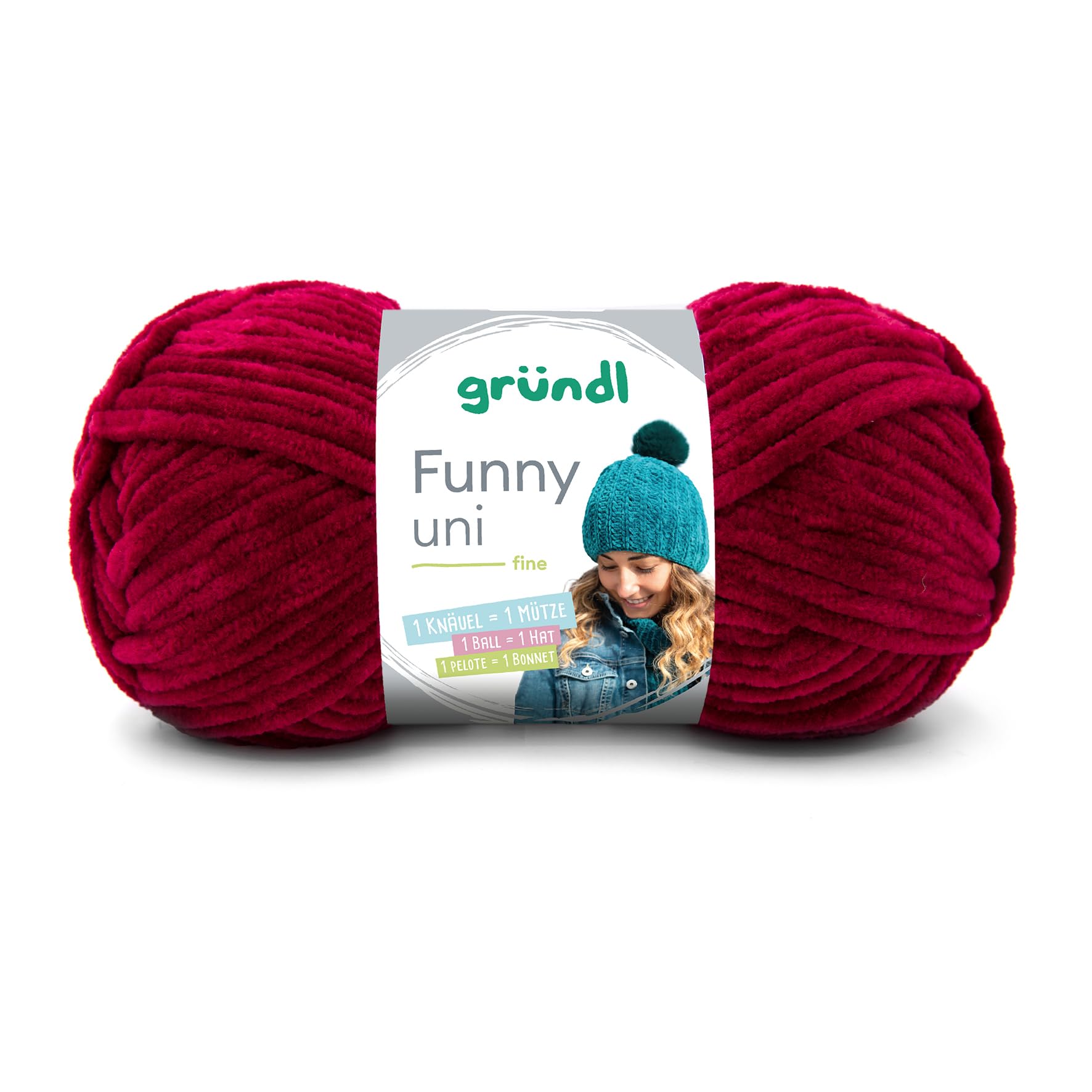 Gründl Wolle Funny uni - dicke weiche Chenille Wolle zum Häkeln - Häkelwolle - Strickwolle - Kuschelig und hautfreundlich - 100% Polyester - 1 Knäuel 100 g / 120 m - Nadelstärke 5-6 - Bordeaux