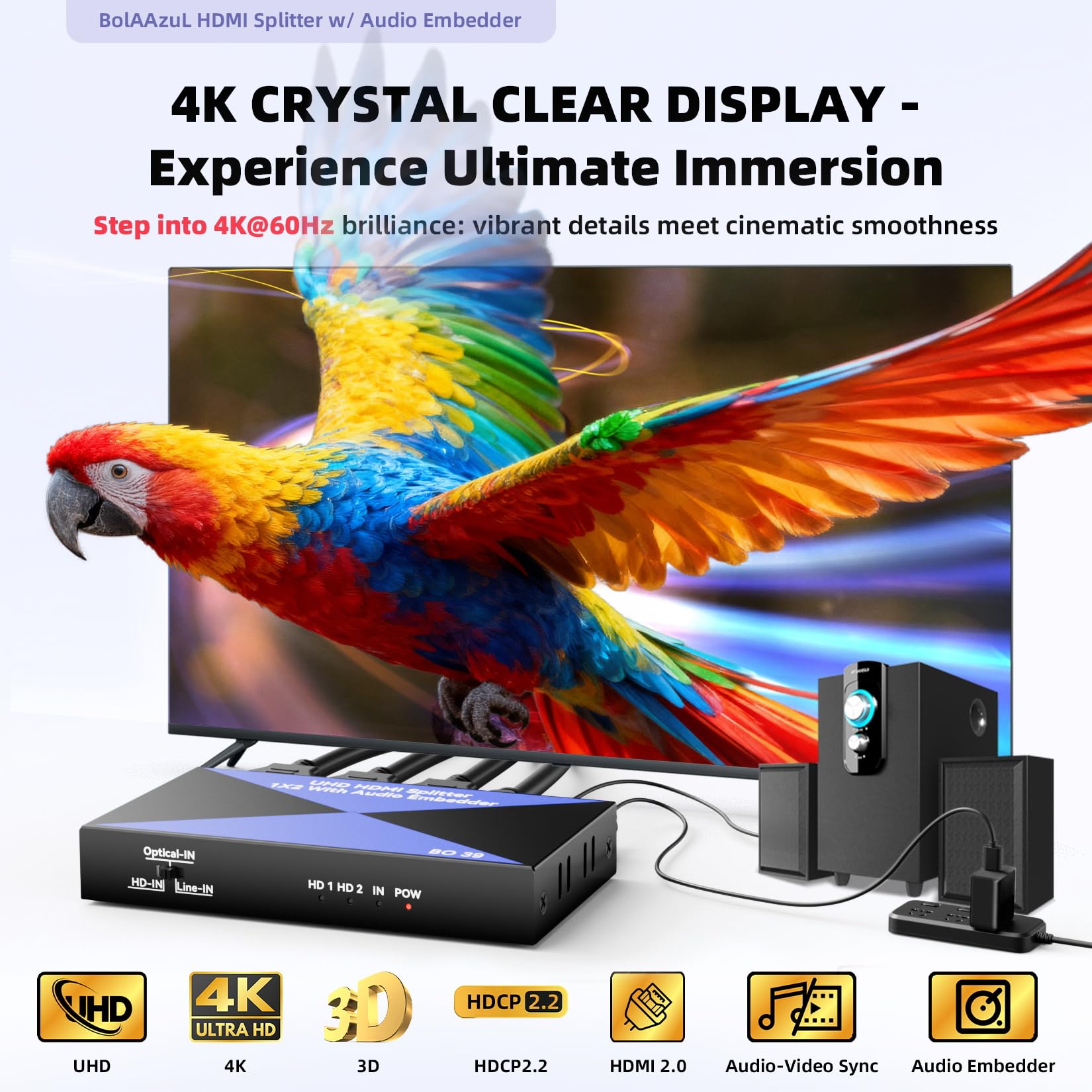 Sdoppiatore HDMI 4K 1 in 2 out con audio embedder, HDMI 2.0, inseritore audio digitale analogico (ottico/3,5 mm), HDCP 2.2, 2 display mostrano lo stesso contenuto contemporaneamente per PS4/5, lettore