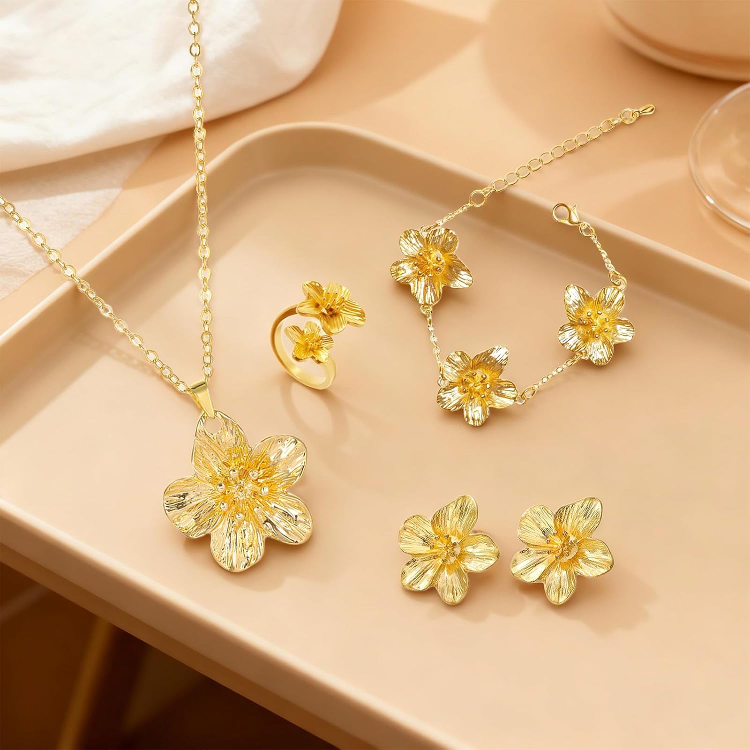 Gold Flower Jewelry Set for Women, Hibiscus Necklace and Earrings with Matching Bracelet, Boho Floral Design Jewelry Collection, Floral Jewelry Gifts for Her - Image 7