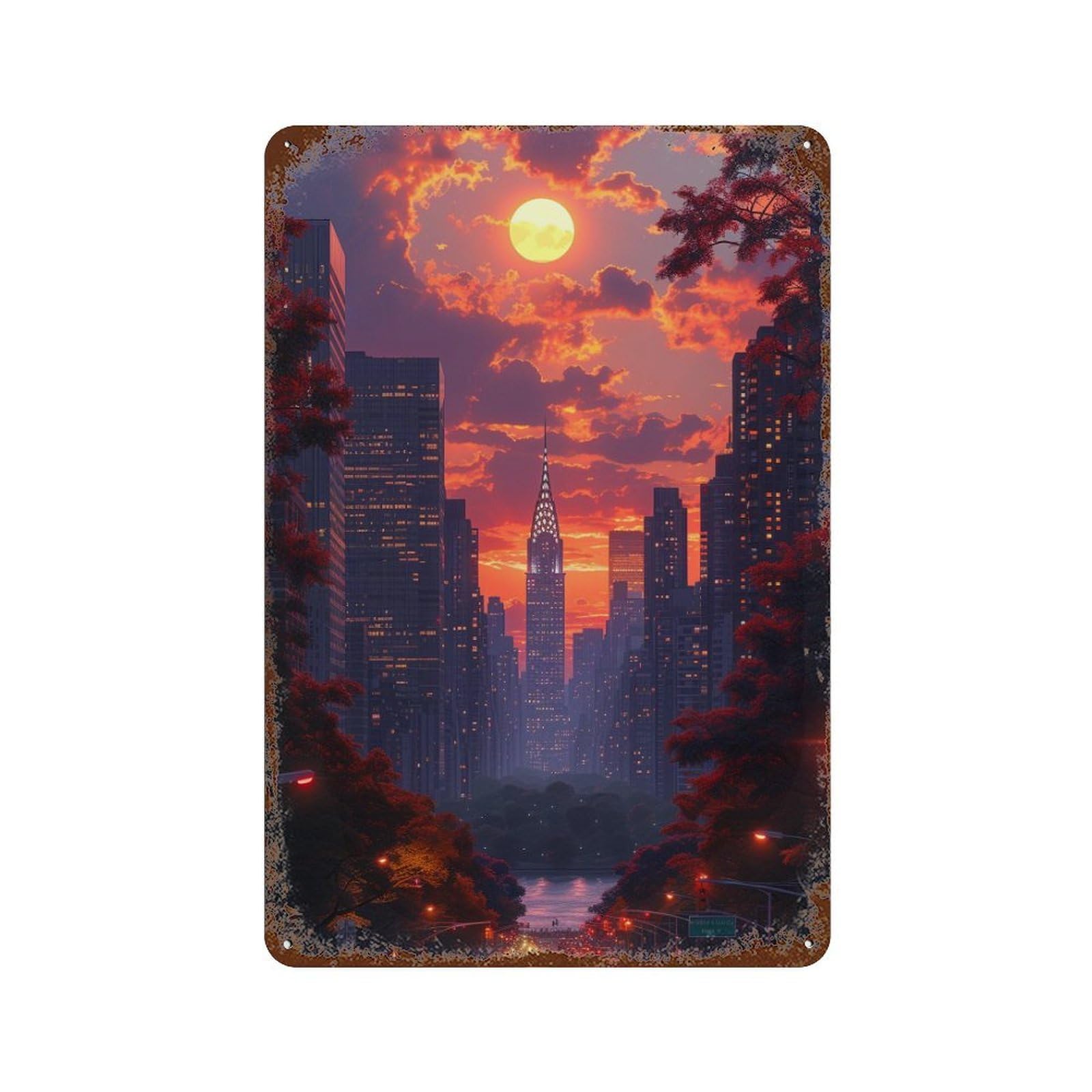 City Sunset Skyline Rust Effect Tin Sign 11.8"x7.9", Vintage Wall Decor for Bistro, Counter And Cafe Decor