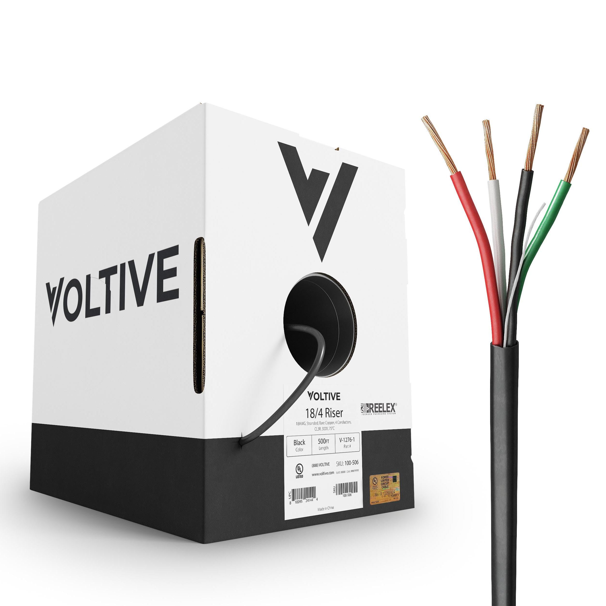 Voltive 18/4 Speaker Wire - 18 AWG/Gauge 4 Conductor - UL Listed Riser Rated (CL2R/CL3R/CMR) - Oxygen-Free Copper (OFC) - 500 Foot Bulk Cable Pull Box - Black