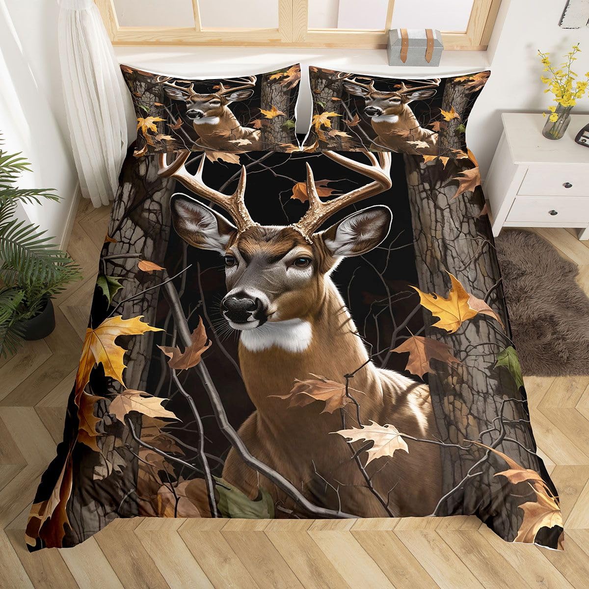 Housse de couette cerf microfifre 140x200 avec 1 taie d'oreiller pour lit simple camouflage