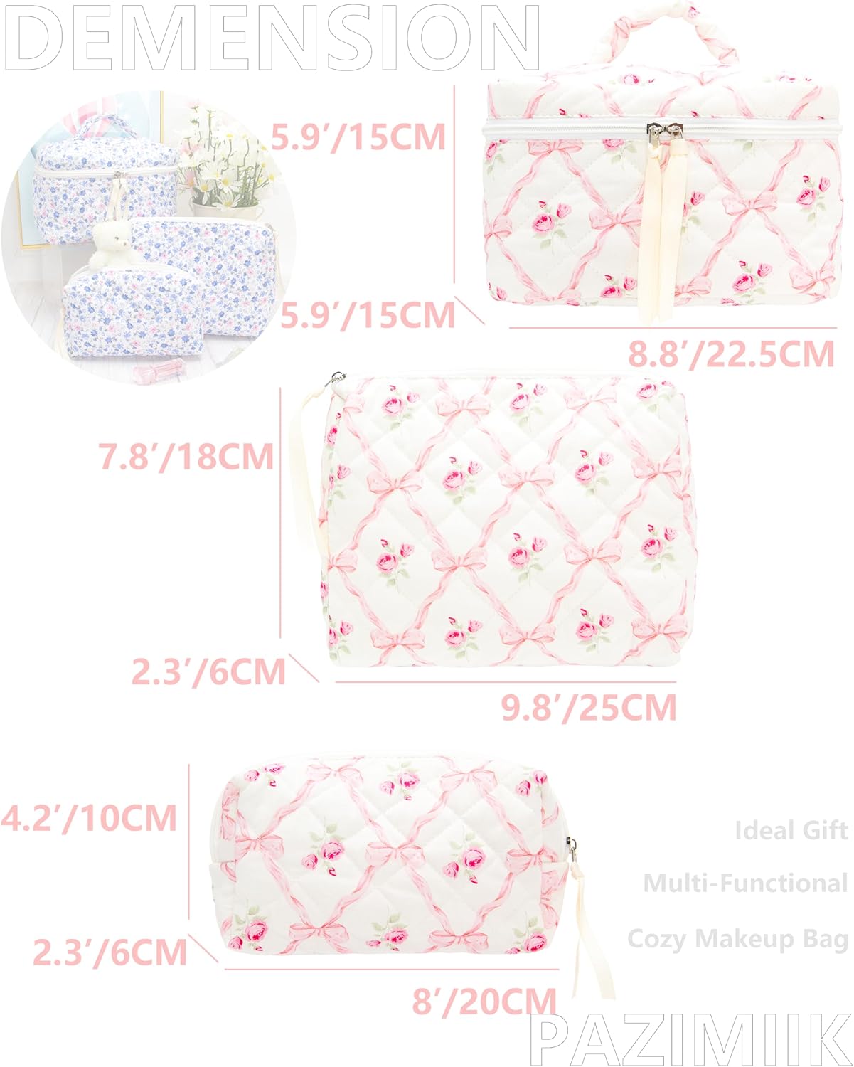 PAZIMIIK 3PCS Makeup Bag SET Large Travel Quilted Zipper Soft Cosmetic Case Pouch for Women Girls Make Up,Bow Rose - Image 3