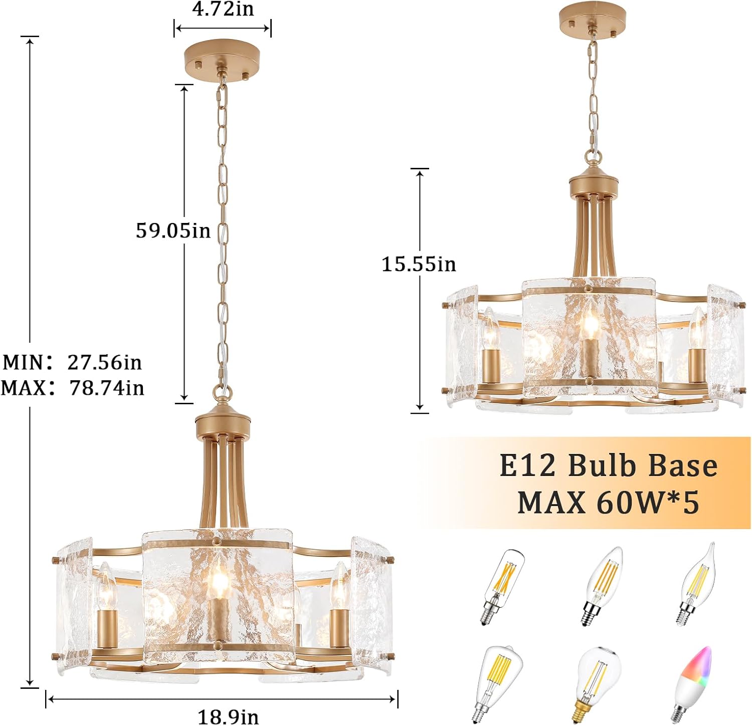 5-Light Gold Glass Chandelier for Dining Room, Modern Textured Glass Light Fixture Gold Chandeliers, Drum Round Chandelier for Kitchen Island Living Room Foyer Bedroom, E12