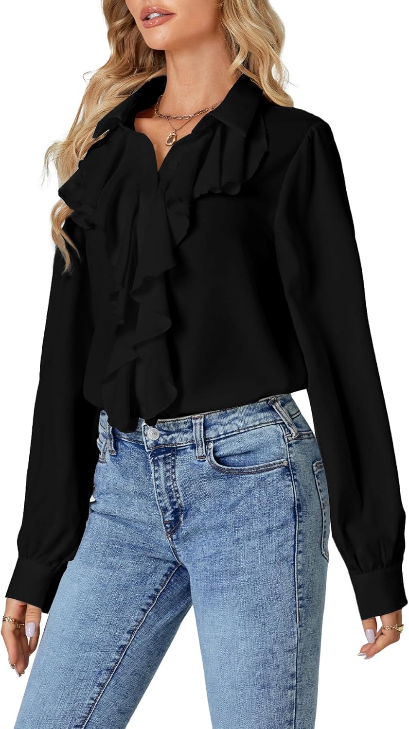 LYANER Women's Dressy Ruffle Blouse Long Sleeve Collar Neck Button Down Victorian Shirt Tops - Image 2