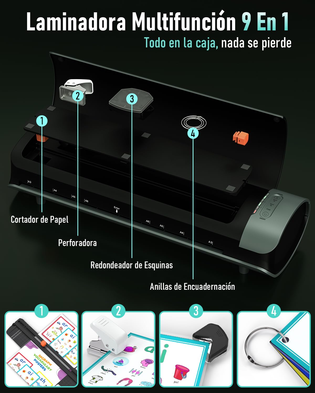 Qfun Plastificadora A3 con 30 Fundas Plastificar para A3 A4 A5 A6, 9 in 1 Calentamiento Rápido Laminadora, Frío y Caliente Maquina Plastificadora con Guillotina para Escolar Oficina Hogarar Foto