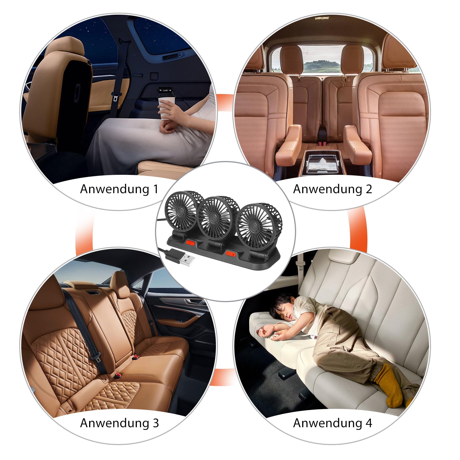 BORDEAG Auto Ventilator, Ventilator für Auto Dreikopfventilator, 5V Dreiköpfiger Auto Ventilator KFZ Lüfter, Ventilator Auto, 360 Grad Drehbar, Dreiköpfiger Ventilator für Fahrzeuge Wie Limousine, RV