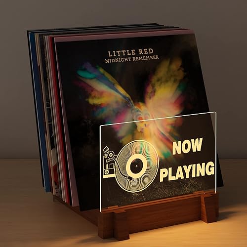 YuanDian Almacenamiento de discos de vinilo, ilumina ahora jugando estante acrílico de madera para exhibición y almacenamiento de álbumes de vinilo,