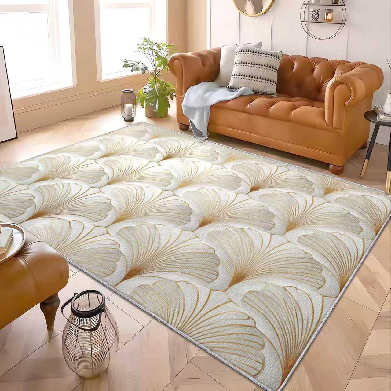 Luxury Shell Pattern Area Rug, Cream and Gold Seashell Design, Modern Living Room Carpet with Textured Fan Motif