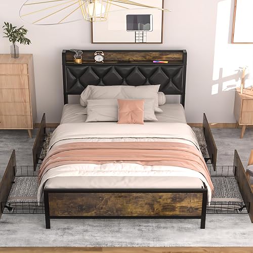 Miniatura 8 de GAZHOME Base de cama individual con 4 cajones de almacenamiento y estación de carga, cabecera de almacenamiento de plataforma tapizada individual,