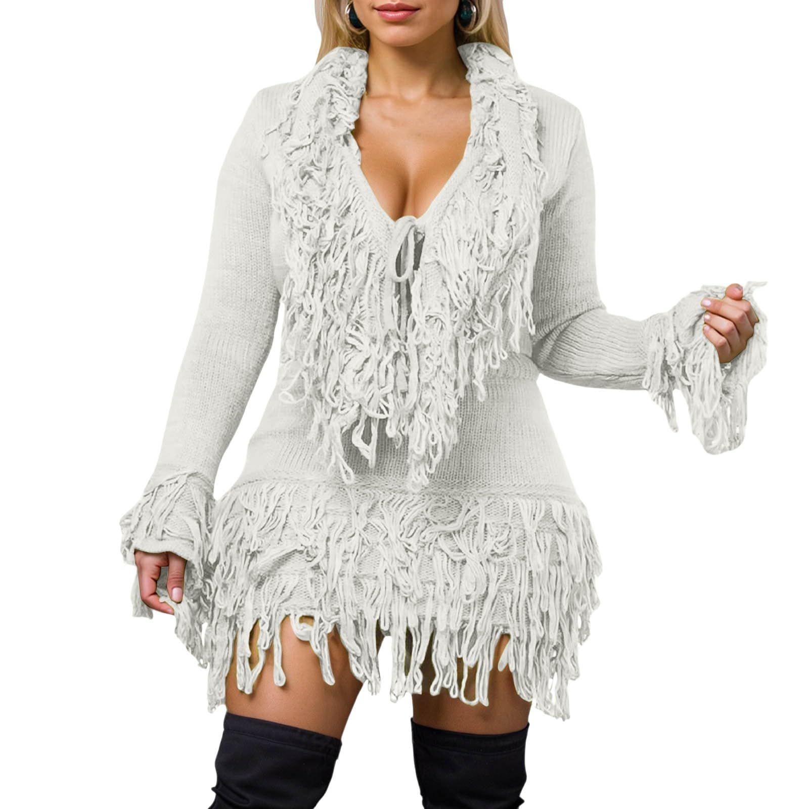 Gonna Aderente a Maniche Lunghe con Frange lavorate a Maglia e Cravatta, Elegante Abito da Festa per Autunno Inverno