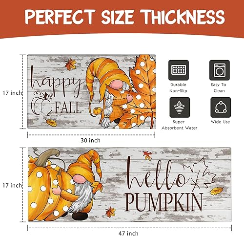 Miniatura 6 de Faptoena Juego de 2 alfombras de cocina de calabaza de otoño, alfombra de cosecha a cuadros de búfalo y alfombras antideslizantes y lavables para