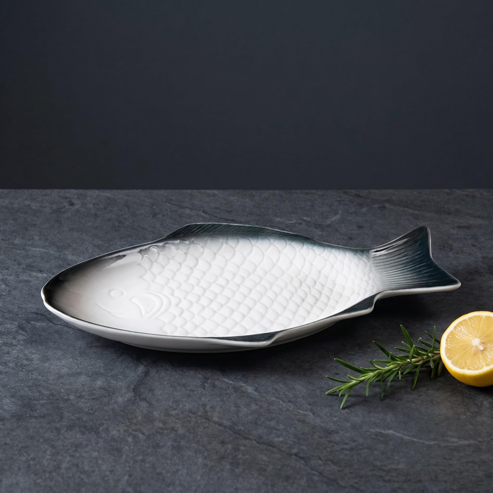 ULTECHNOVO Servierplatte Fisch 28cm, Fischplatte Porzellan für Ganzen Fisch wie Forelle, Fischteller Porzellan Groß für Abendessen, Servierteller Keramik Oval für Beilagen & Snack