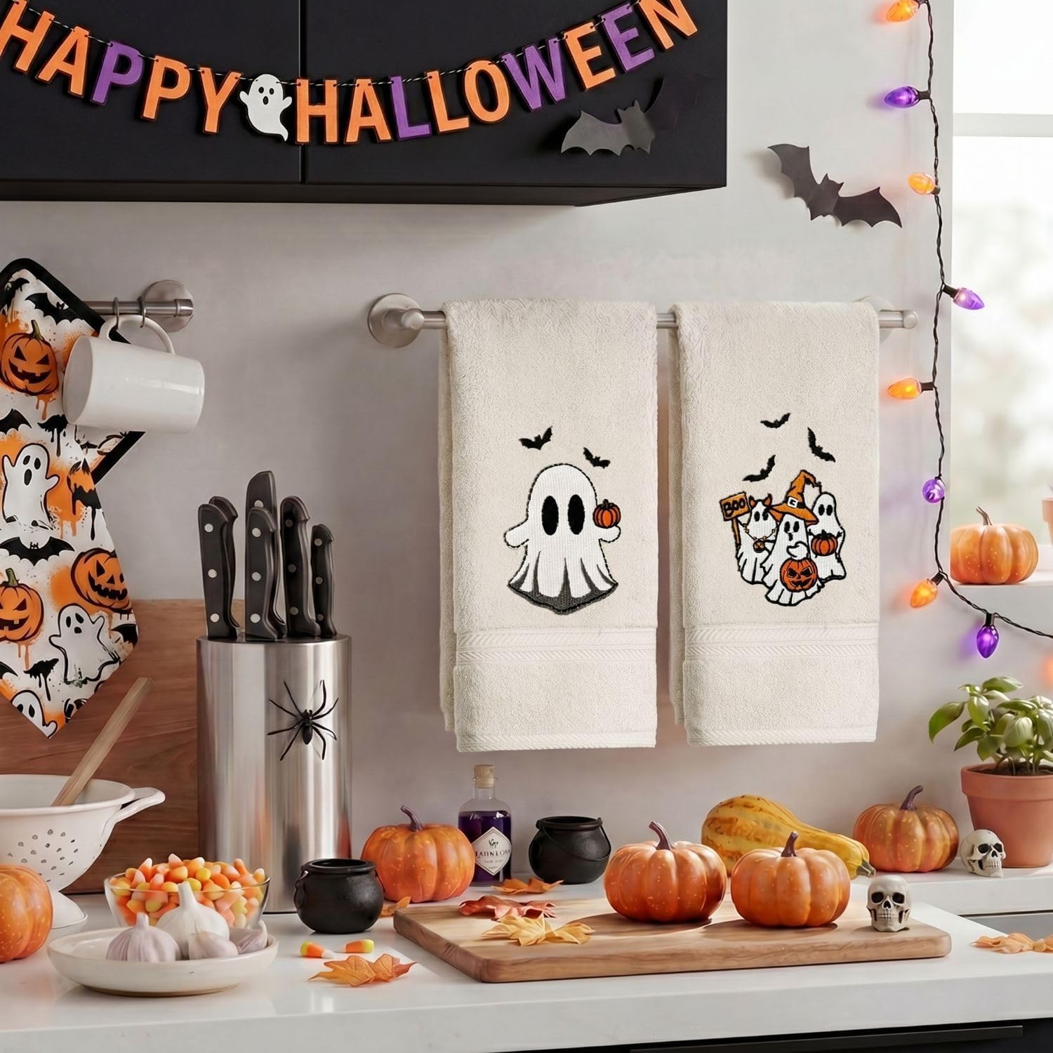 Artoid Mode 2 Pcs Beige Ghost Pumpkin Halloween Embroidered Hand Towel | Seasonal,13.7 x 29.5 Inch,100% Cotton,Farmhouse Decorative,Soft & Absorbent Bathroom Decor Towels
