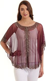 jedco Women's Net Beaded Short Cape Poncho, Round Neck, Embroidered Design, Black-picture-56