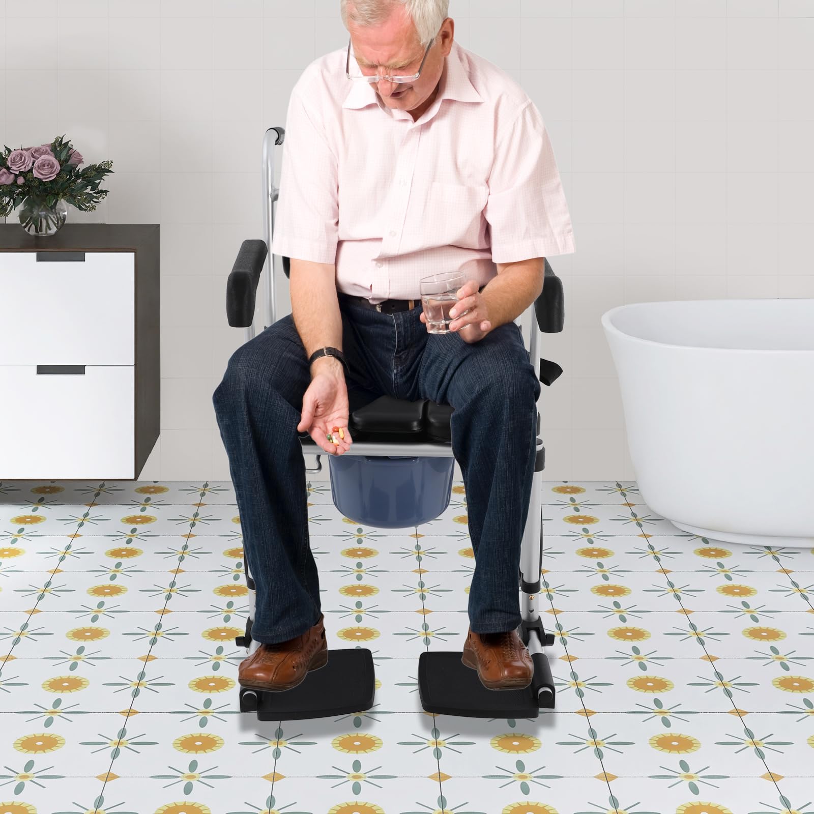 Silla de baño móvil 3 en 1 para personas mayores, asiento en U, silla de ducha con ruedas y cinturón de seguridad, soporta hasta 150 kg, altura ajustable, silla de ruedas para baño o ducha, para