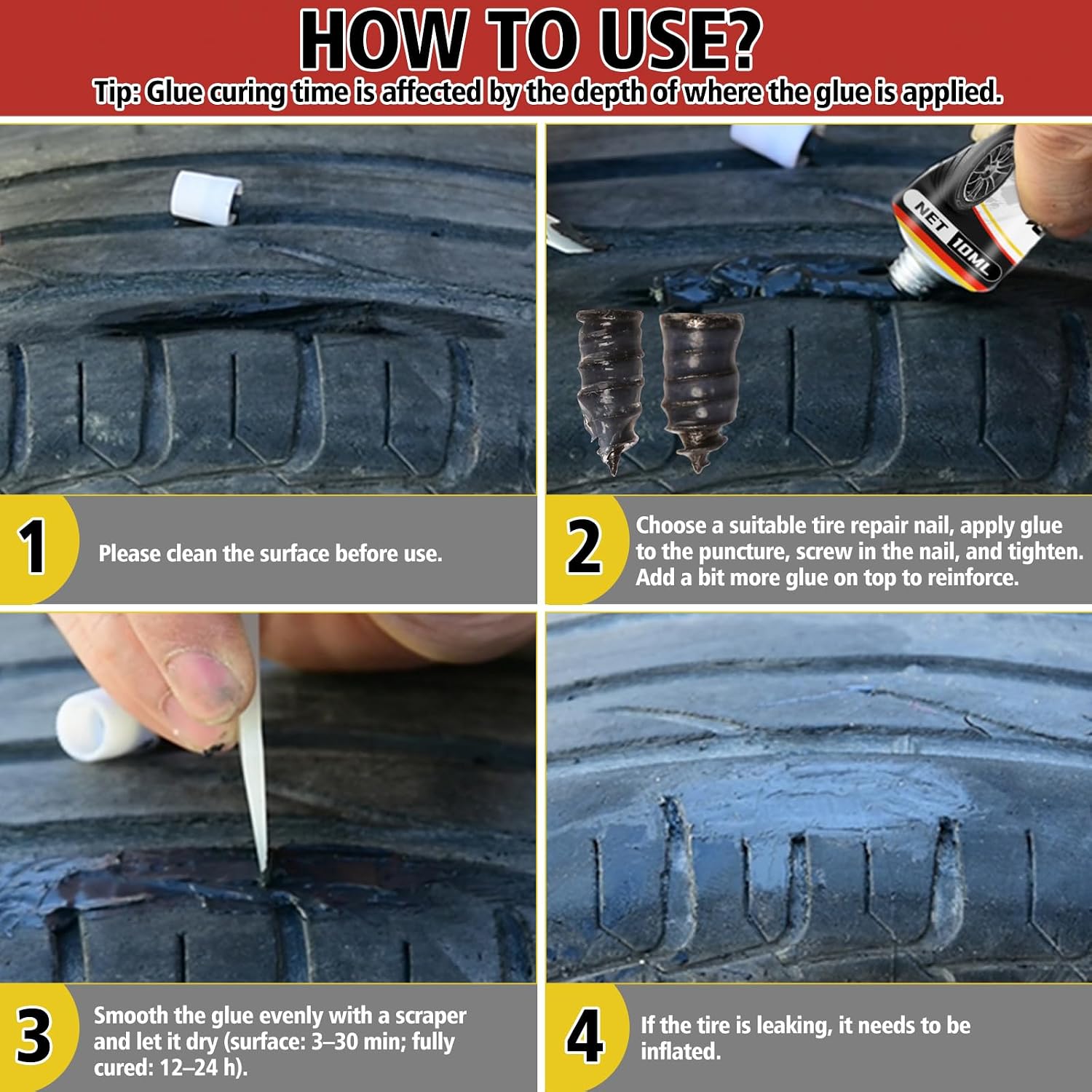 Tire Repair Glue Kit – 2 Pack 10ml Rubber Cement Tire Repair, Tire Plug Glue with 8 Tire Nails (Small & Large), Tire Patch Glue for Car, Motorcycle, Bike, Truck, Tractor, with Scraper Tools