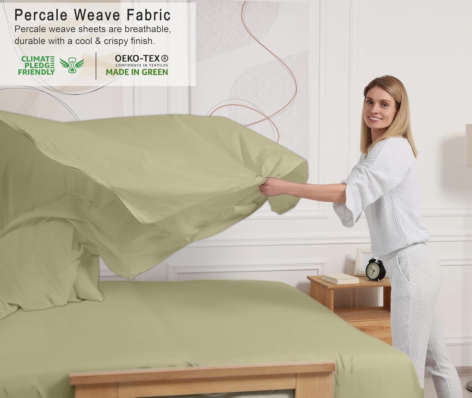 RUVANTI 100% Cotton Percale Sheets Full Size – Crisp Cooling Bed Sheets for Hot Sleepers, Deep Pocket 16”, Soft Breathable & Durable Hotel-Style 4 Piece Set, Sage Green thumbnail
