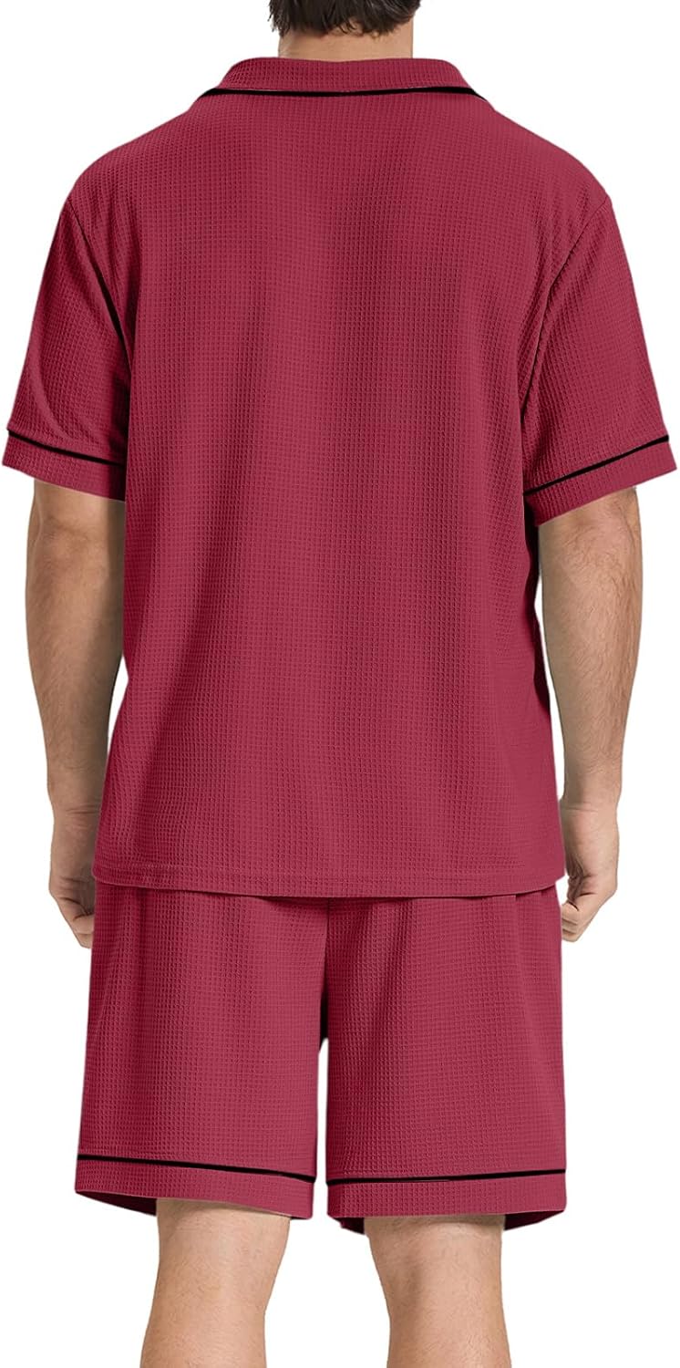 SIORO Mens Pajamas Set Short Sleeve Sleepwear Button Down Pjs Set Waffle Knit Loungewear Nightwear Shorts Set with Pockets - Image 2