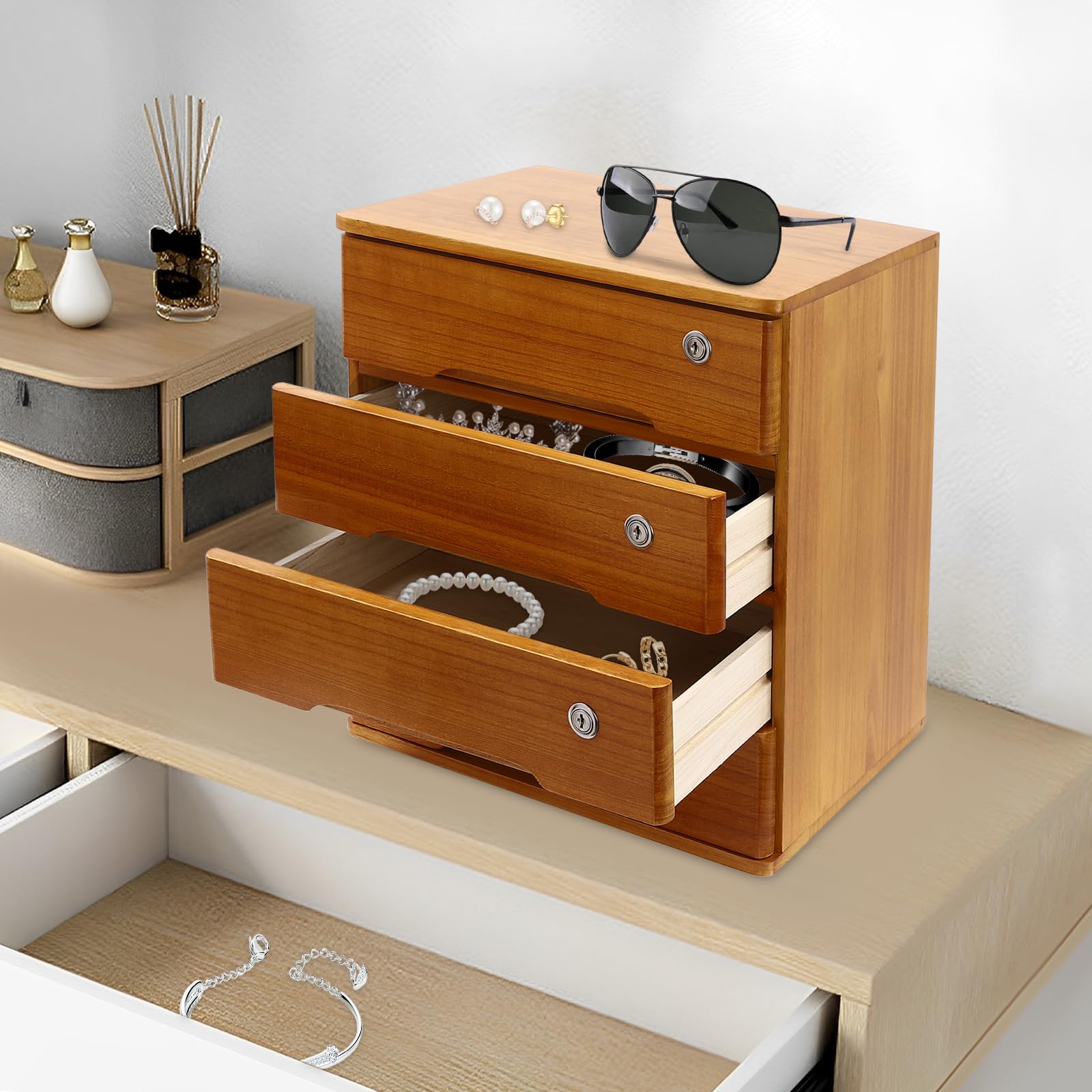 Organisateur de bureau en bois avec tiroirs, poste de travail à domicile, fournitures de bureau, boîte de rangement de bureau verrouillable avec tiroirs 3/4 étagères, support de rangement (4 niveaux)