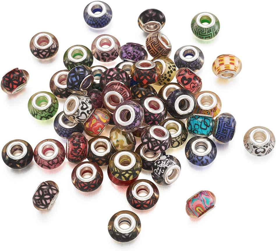 Beadthoven 100pcs Color Pattern Acrylic European Beads Assorted Large Hole Retro Style European Bracelet Slide Charm Beads with Cores 14x9mm for DIY Jewelry Making Beading Accessories Supplies