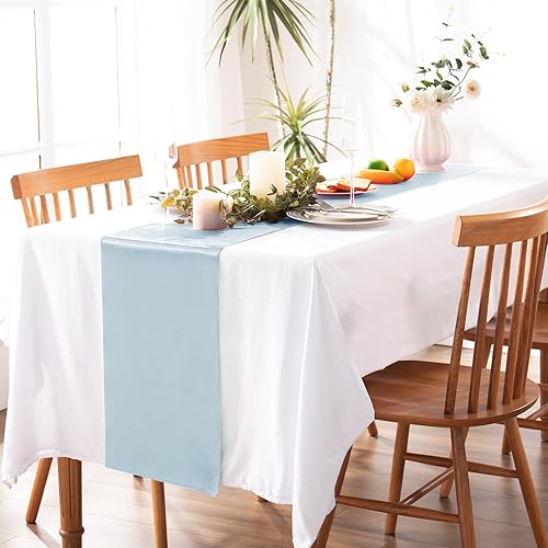 Miniatura 5 de Paquete de 5 caminos de mesa de satén azul claro, 12 x 108 pulgadas, camino de mesa de seda satinada brillante, tela suave, camino de mesa