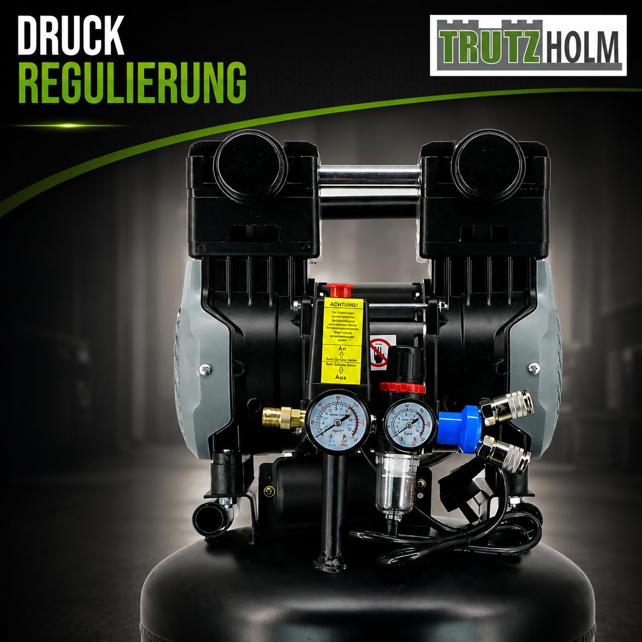 TRUTZHOLM Brushless Silent Flüsterkompressor innenbeschichtet 900-4500W silent leise 57-62dB Druckluft, Kompressor, ölfrei, 8 bar, Ansaugleistung 128-738 L/Min (49 Liter)