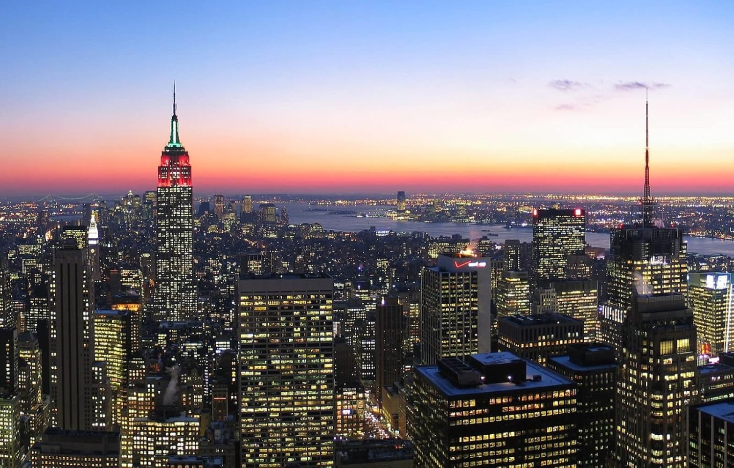 FAWFAW 1000 Piece Wooden Jigsaw Puzzles, Panorama De La Puesta De Sol De Manhattan del Empire State Building Adultos Niños Puzzles Juegos De Juguete 75X50Cm