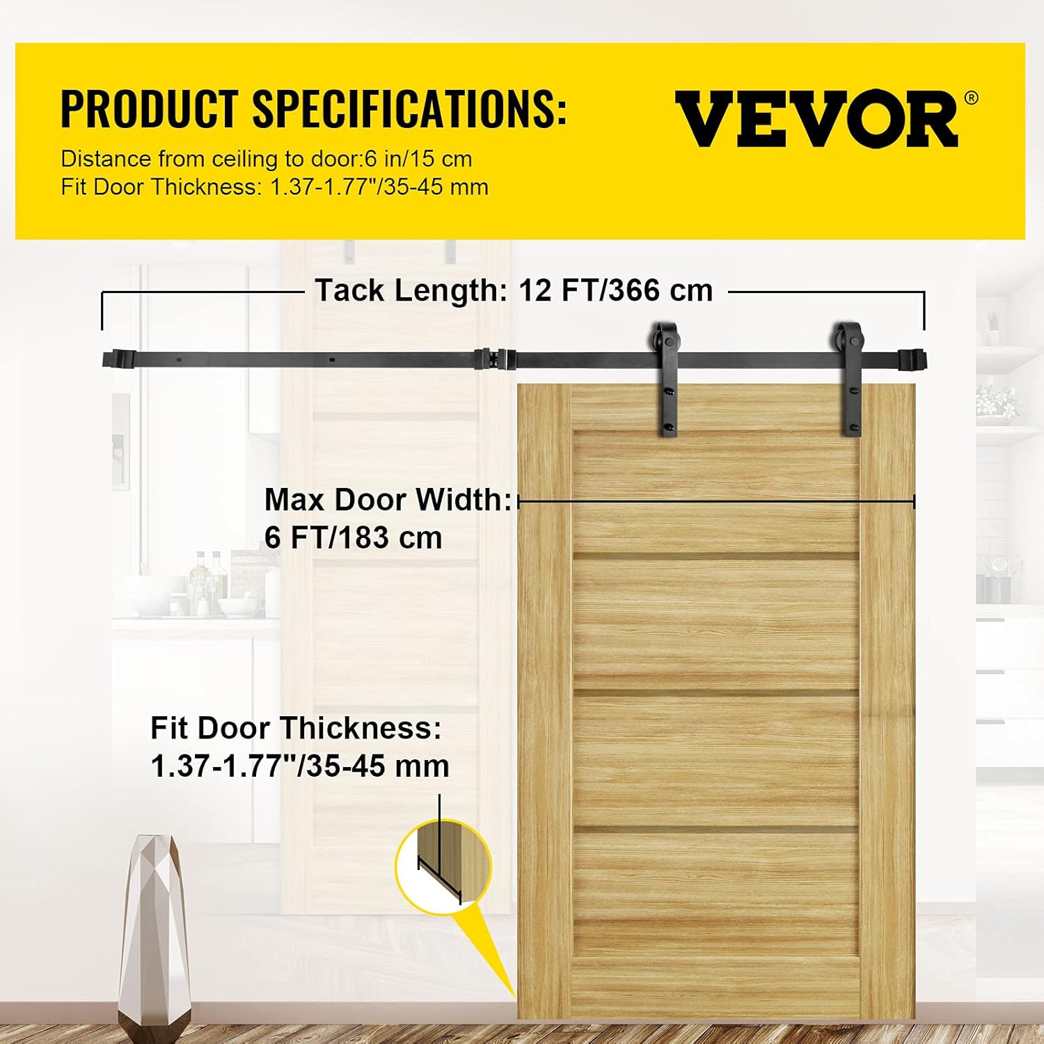 Product specifications and dimensions for the VEVOR gcm-do2 Sliding Barn Door Hardware Kit