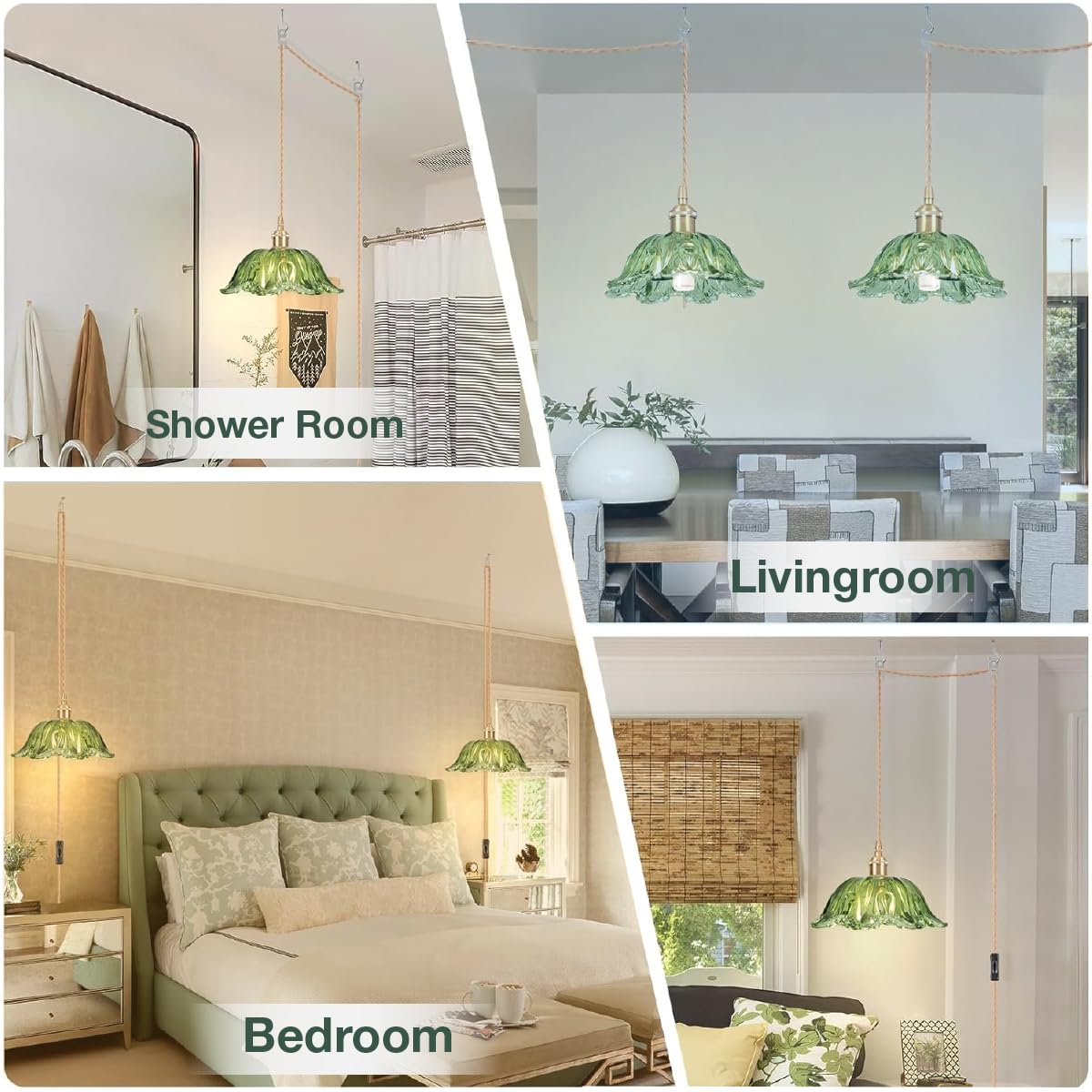 Hängelampe mit Stecker Vintage Glas Grün Pendelleuchte 3 Farbtemperatur Hängeleuchte mit 400cm Kabel und Schalter, E27 Lampenfassung, Blumen Form Lampenschirm, für Flur Küche Esstisch mit Glühbirnen