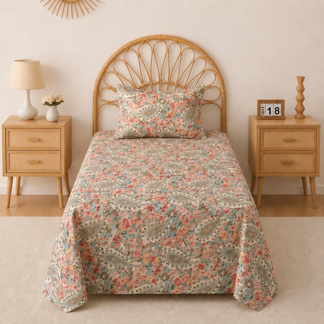 VAS COLLECTIONS 240 TC Premium Cotton Single Bedsheet, Soft Breathable Comfortable Floral Printed Bed Sheet, Elegant Durable Bedding for Bedroom, Easy Care Single Bed Cover,60 x 90 Inches - Warm Sand