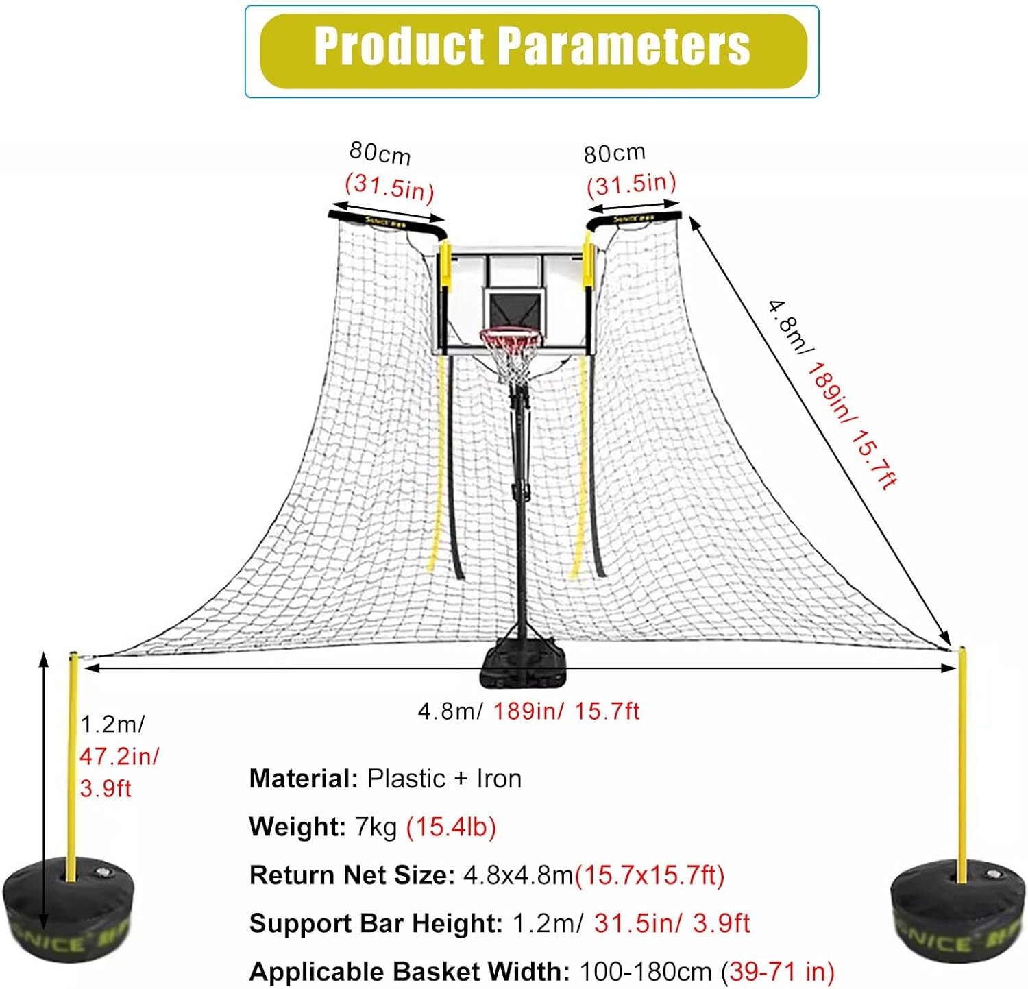Basketball Air Defense Return Net Guard, 16FT X 16FT Adjustable Rotating Return Net, Hoop Rebound Back Netting Attachment