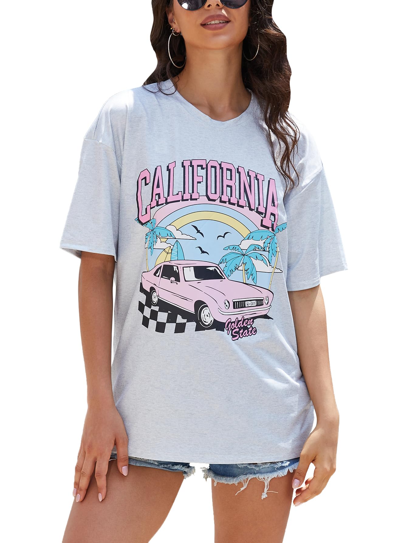 YIJIU Women's Graphic Oversized T Shirts Letter Print Short Sleeve Loose Casual Summer Tops Medium B Grey