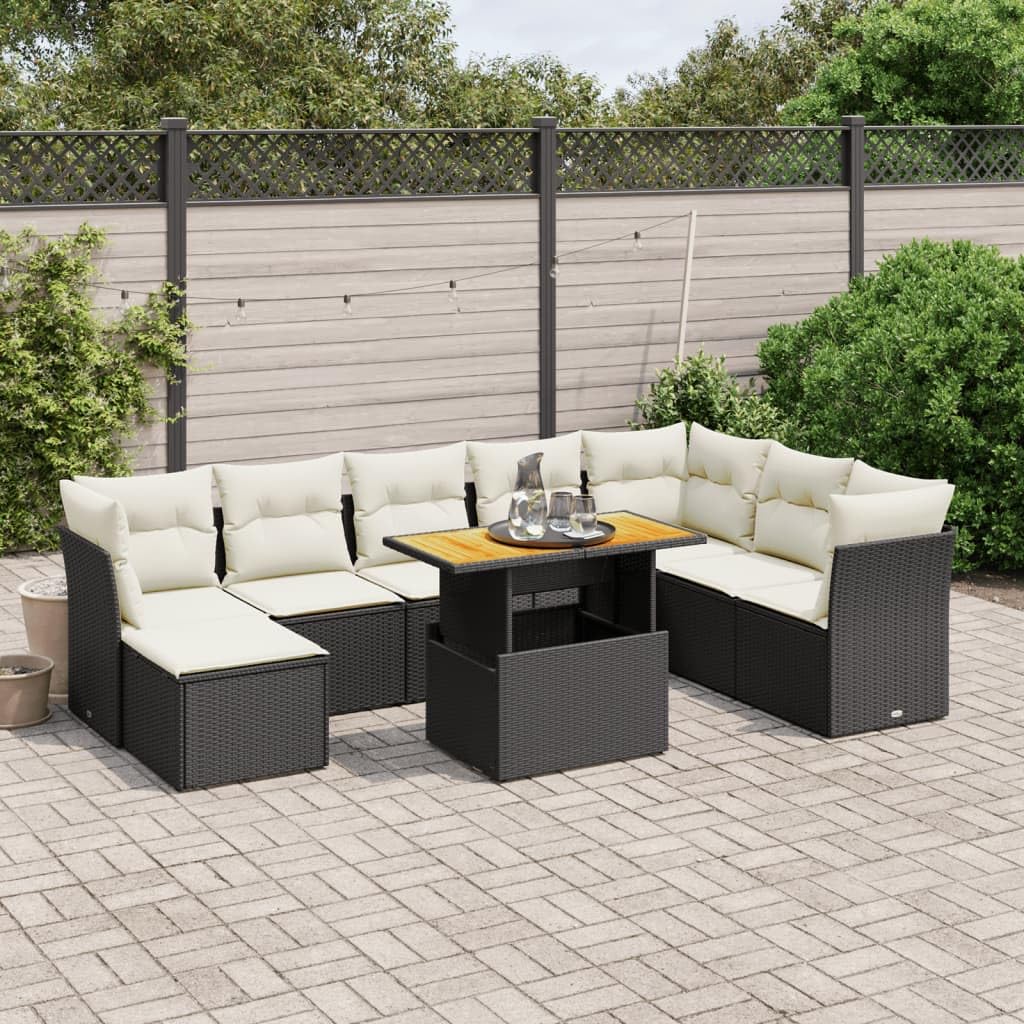 Set di 9 divani da giardino con cuscini, in polyrattan, resistente alle intemperie, per terrazza, balcone e giardino, con tavolo regolabile e spazio per riporre oggetti, per esterni