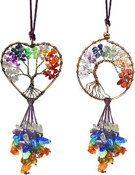 Healing Crystal Decor Tree of Life Car Mirror Hanging Accessories,7 Chakras Stones Wall Decor Car Mirror Decor Hanging Decoration Decor Tree of Life-Round+Heart