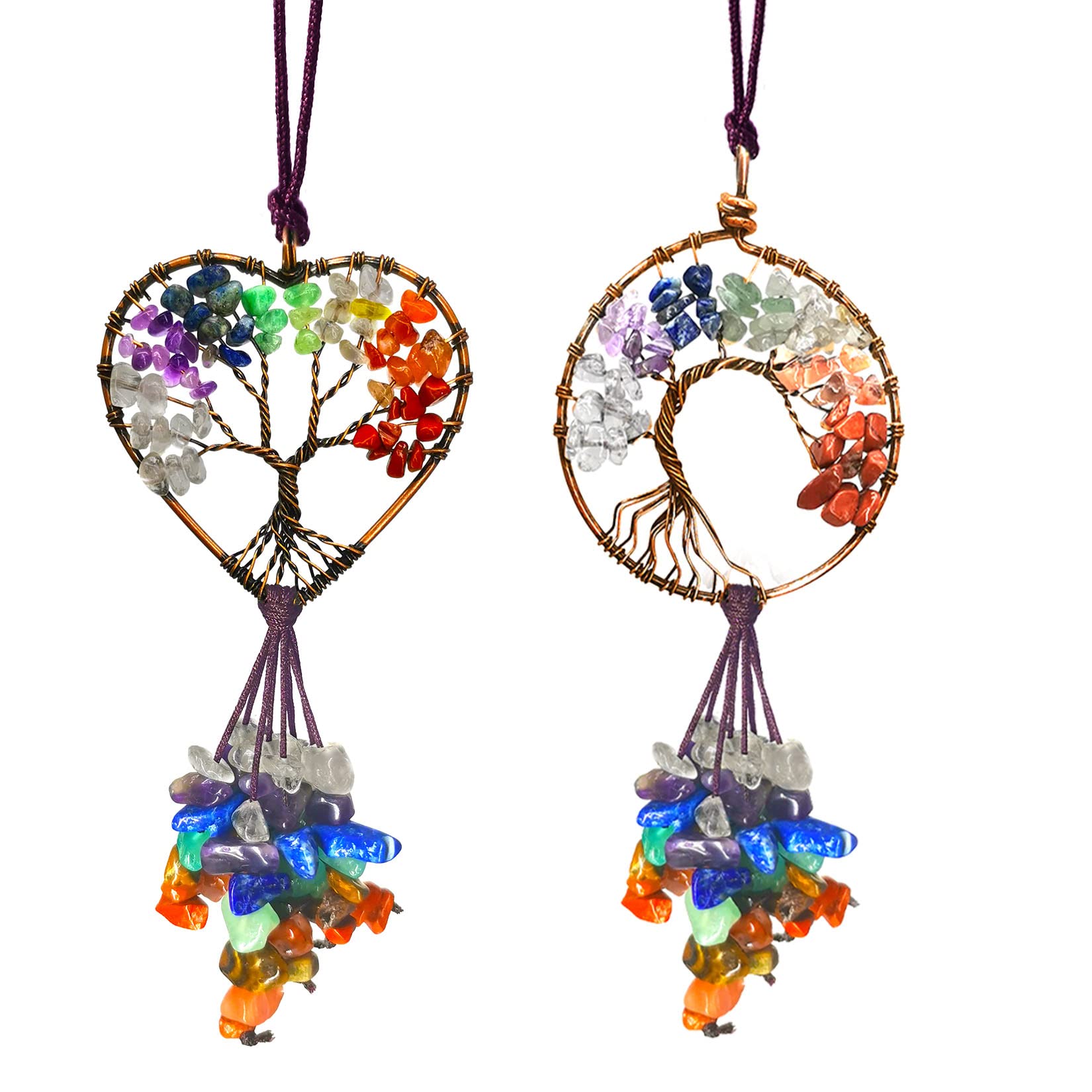Healing Crystal Decor Tree of Life Car Hanging Accessories 7 Chakras Stones Wall Decor Meditation Ornaments Good Luck Home Decoration Party Decor (round+heart)