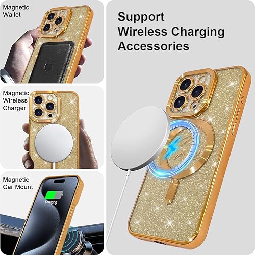 Miniatura 3 de BITOBE Funda diseñada para iPhone 15 Pro Max con purpurina y diseño de corazón, compatible con Magsafe suave TPU chapado en poliuretano